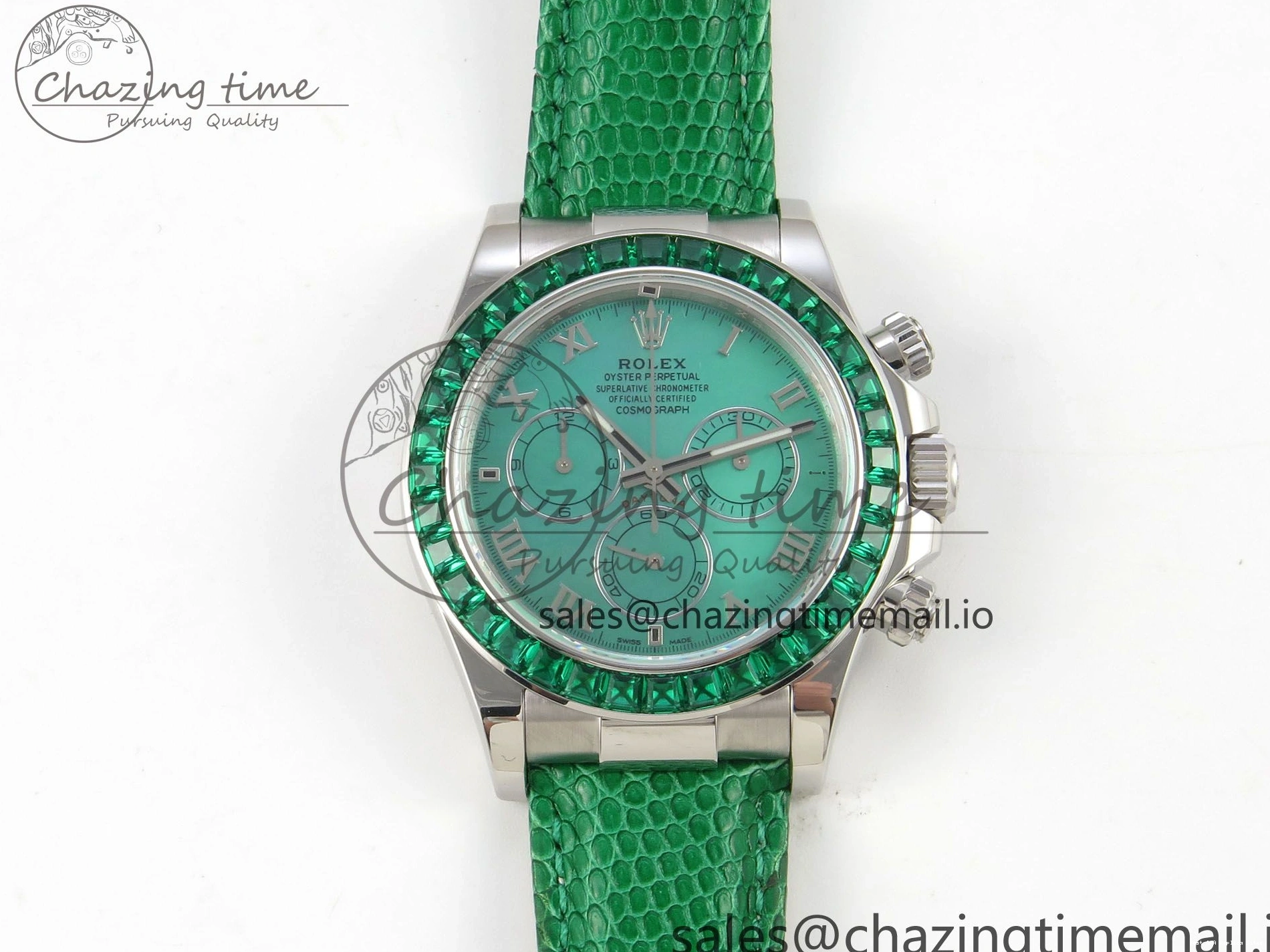 Good Copy Rolex Watches Diamonds Green MPF 40mm Bezel Green Leather 326 Custom Strap Dial FreshLook Modded Daytona on SA 0110